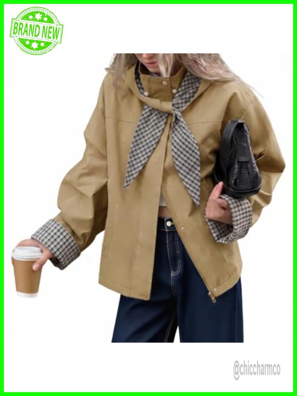 Cropped Trench Coat with Plaid Detachable Hood Lightweight Fall Jacket